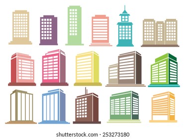 Collection of modern city buildings and skyscrapers vector icons isolated on white background