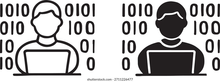 Una colección de iconos modernos y limpios que representan varios aspectos de la programación de computadoras y el desarrollo de software. Incluye símbolos y conceptos esenciales de codificación.