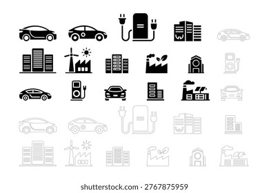 Collection of modern clean icons representing electric vehicles and sustainable urban development for energyefficient future