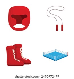 Collection of modern and clean sports equipment vector icons set for boxing. Wrestling. And fitness training with gloves. Boots. Jump rope. And more. In flat design elements