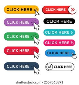 A collection of modern 'Click Here' icons designed to encourage user interaction, ideal for websites, e-commerce platforms, and digital marketing campaigns.

