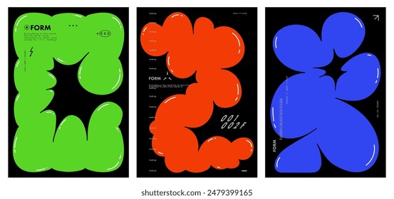 Collection of modern colorful abstract posters with bubble shape. Liquid design, with typography. isolated on black background