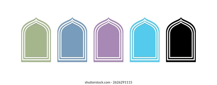 A collection of modern and colorful Islamic arch frame illustrations in vector format. Perfect for greeting cards, Ramadan or Eid designs, Islamic event invitations, or decorative templates.