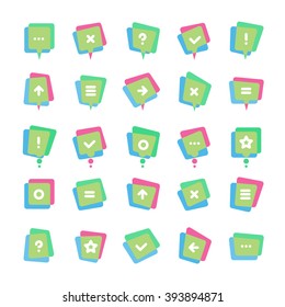 Collection of modern colorful transparent speech bubbles and dialog balloons with simple white signs. Vector illustration.