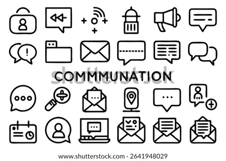 Collection of modern communication icons in bold black outline for digital messaging and connectivity