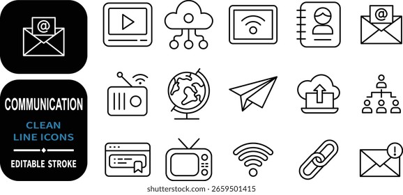 Colección de iconos de comunicación modernos con diseño de trazo editable.