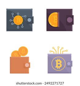 Colección de un moderno conjunto de Vectores de monederos de criptomonedas con moneda digital segura, tecnología blockchain y diseño plano para transacciones bancarias y financieras en línea