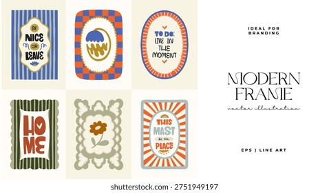 Collection of modern decorative graphic compositions with typography, geometric frames and colorful retro shapes. Minimalist design layouts inspired by mid century modern aesthetics and contemporary graphic trends. Ideal for branding, packaging, social media graphics, posters, cards and creative design projects.