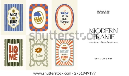 Collection of modern decorative graphic compositions with typography, geometric frames and colorful retro shapes. Minimalist design layouts inspired by mid century modern aesthetics and contemporary graphic trends. Ideal for branding, packaging, social media graphics, posters, cards and creative design projects.