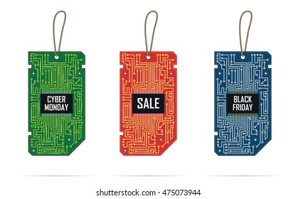 Collection of modern design tags labels for promotions and sales in the form of a microchip. Black Friday. Cyber Monday. Sale.