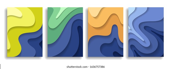 Collection of modern designer covers. Paper cut wavy layers. Gradation of color. Eps10 vector