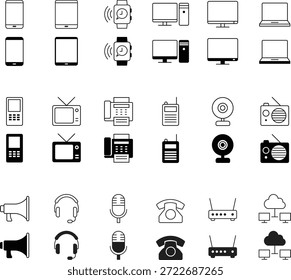 Coleção de dispositivos digitais modernos e ícones de tecnologia em preto e branco