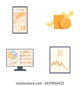 Collection of modern digital finance and cryptocurrency icons, including mobile and computer displays