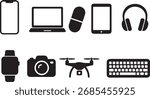 Collection of modern digital gadgets and electronics icons featuring smartphone laptop tablet headphones camera drone keyboard and smartwatch for technology concepts silhouette