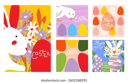 Collection of modern Easter background with bunny, eggs, flowers, and bird. Bright and pastel colors. For greeting cards, posts, posters, banners, decorations, and digital designs