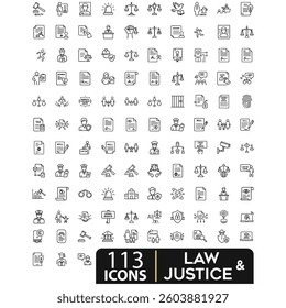 Collection of Modern Editable Thin Line Style Icons Set Justice And Law, Firm, Criminal, Court And More Vector Illustration