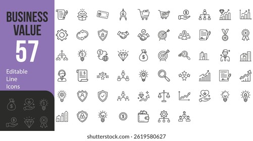 Collection Of Modern Editable Thin Line Style Business Value Icons Set Related Financial Graphs, Documents, Processes And More, Pictograms And Infographics Editable Stroke Vector Illustration