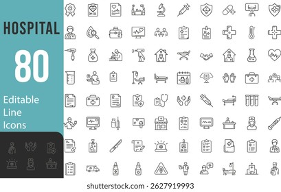 Collection Of Modern Editable Thin Line Style Hospital Medicine Icons Set Related Doctor, Ambulance, Treatment, Pictograms, Infographics And More Vector Illustration On An Isolated Background
