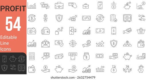 Colección De Estilo De Línea Delgada Editable Moderno De Iconos De Ganancias Financieras Conjunto De Efectivo Relacionado, Ingresos, Ahorros Y Más Ilustración vectorial En Fondo Aislado