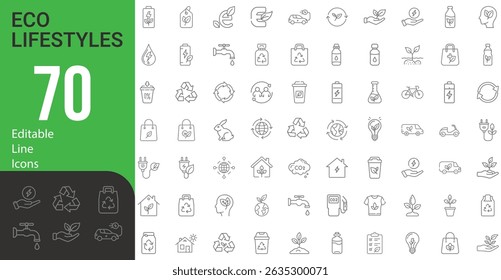 Collection Of Modern Editable Thin Line Style Ecology Lifestyle Icons Set Related CO2 Neutral, Zero Waste, Use Bike, Green Energy And Global Warming Vector Illustration On An Isolated Background