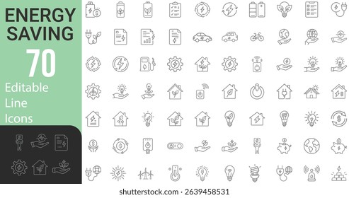 Collection Of Modern Editable Thin Line Style Energy Saving Related Icons Energy Costs, Power Consumption Level, Green House Pictograms, Infographics And More Vector Illustration