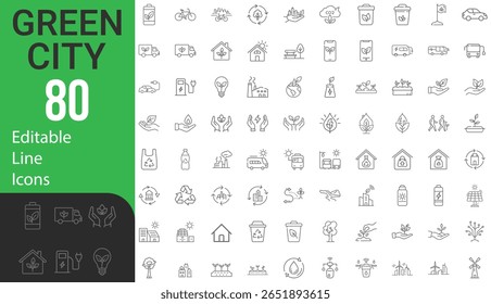 Collection Of Modern Editable Thin Line Style Green City Eco Related Icons Set Contains CO2 Neutral, Zero Waste, Use Bike, Green Energy, Air And Water Quality  And More Vector Illustration