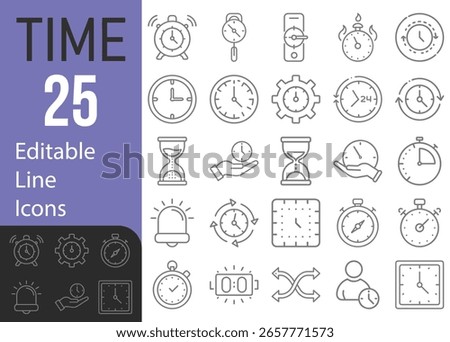 Collection Of Modern Editable Thin Line Style Time And Clock Icons Set Related Timer, Stopwatch, Alarm And More On An Isolated Background
