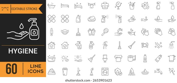 Collection Of Modern Editable Thin Stroke Line Style Hygiene Icons Set Related Cleaning, Disinfection, Soap, Bathing, Sweep, Shower, Washing Hands, Clean And Sanitation Vector Illustration