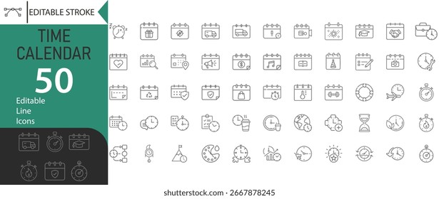 Coleção De Moderno Editável Thin Stroke Line Style Gerenciamento De Tempo E Calendário Ícones Definir Relacionados Relógio, Cronômetro, Cronograma, Data, Pictogramas E Infográfico Em Fundo Isolado