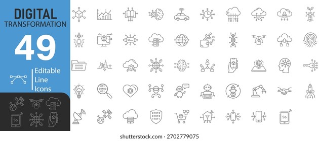 Collection Of Modern Editable Thin Stroke Line Style Digital Transformation Of Technology Related Icon Set Contains Innovation, Automation, Software And More Isolated On White Background