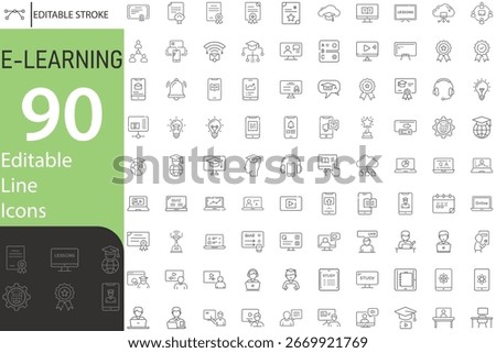 Collection Of Modern Editable Thin Stroke Line Style E-Learning Education Icons Set Related Online Lecture, Video Call, Testing, Diploma, Certificate And More On Isolated Background
