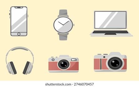 Collection of modern electronic devices and accessories, including smartphones, laptops, cameras, headphones, and a wristwatch, arranged on a pale yellow background.
