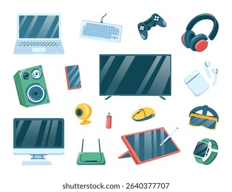 Collection of modern electronic devices and gadgets including laptop, TV, tablet, smartwatch, router, keyboard, gamepad, webcam, headphones, VR glasses, speakers and smartphone. Vector illustration.
