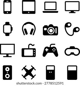 Collection of Modern Electronic Devices and Gadgets Icons Featuring Smartphones Tablets Laptops Cameras and Gaming Equipment
