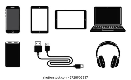 Collection of modern electronic devices including smartphone tablet laptop power bank headphones and cables vector illustration
