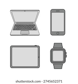 A collection of modern electronic devices including a laptop, smartphone, tablet, and smartwatch, all rendered in a simple, flat design style with grayscale tones.