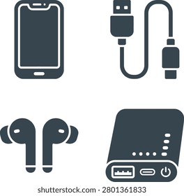 Collection of modern electronic devices including a smartphone, wireless earbuds, charging cable, and power bank