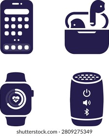 Collection of modern electronic devices including a smartphone, smartwatch, speaker, and headphones