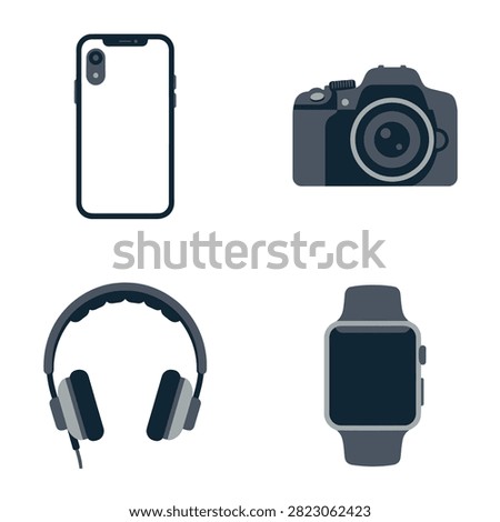 A collection of modern electronic gadgets arranged in a grid