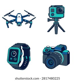 A collection of modern electronic gadgets and digital camera equipment