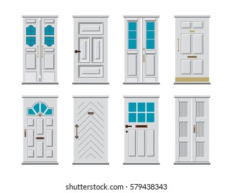 Collection of modern and elegant white front doors to houses and buildings. Vector icon set. Illustration isolated on white background