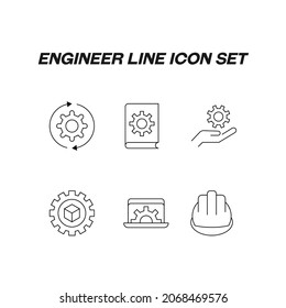 Colección de iconos modernos del contorno de ingeniero. Conjunto de ilustraciones modernas para aplicaciones móviles, sitios web, folletos, banners, etc. Iconos de línea de flechas sobre el engranaje, cubo, casco, equipo a mano
