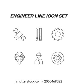 Collection of modern engineer outline icons. Set of modern illustrations for mobile apps, web sites, flyers, banners etc. Line icons of arrows inside gear, pencil and liner, builder

