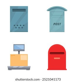 Collection of modern flat design icons representing various postal elements