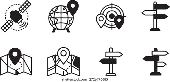 Collection of modern flat design icons representing navigation travel and global positioning systems including satellite globe with pin target with location markers