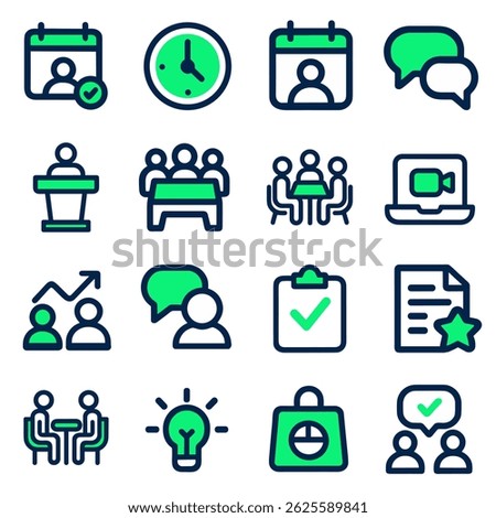 Collection of Modern Flat Design Icons for Business Meetings, Planning, and Communication