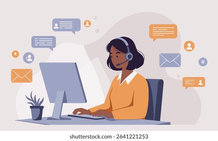 A collection of modern flat design illustrations depicting women working from home or remotely, social media, and digital tasks. Ideal for online business, freelance, and digital communication themes
