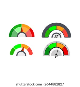 Collection of modern flat design speedometer and gauge icons, representing different levels like risk, performance, or credit score. Ideal for UI, dashboards, and data visualization.