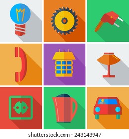 Collection modern flat icons Home Appliances with long shadow effect for design. Vector illustration. 