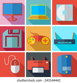 Collection modern flat icons media technology with long shadow effect for design. Vector illustration.